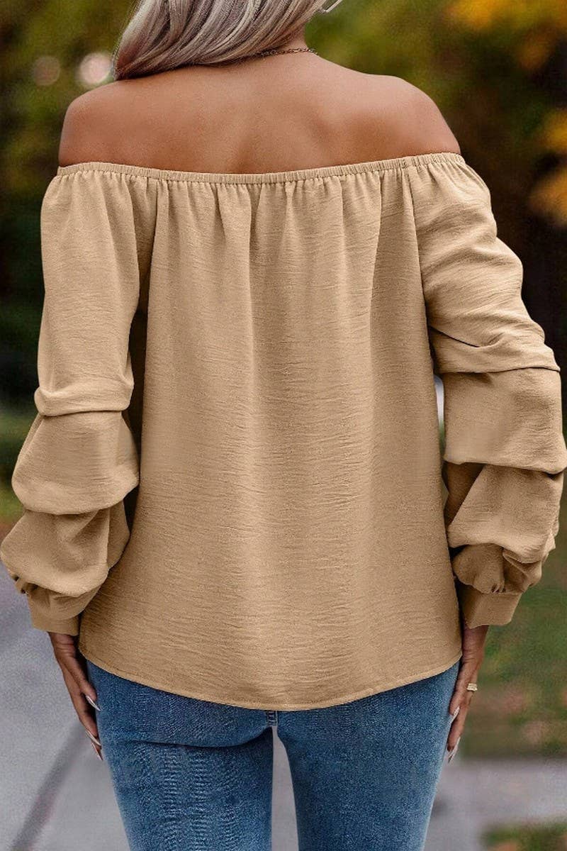 CWTBLL4006_SOLID OFF SHOULDER KNOT SLEEVE LONG SLEEVE SHIRT