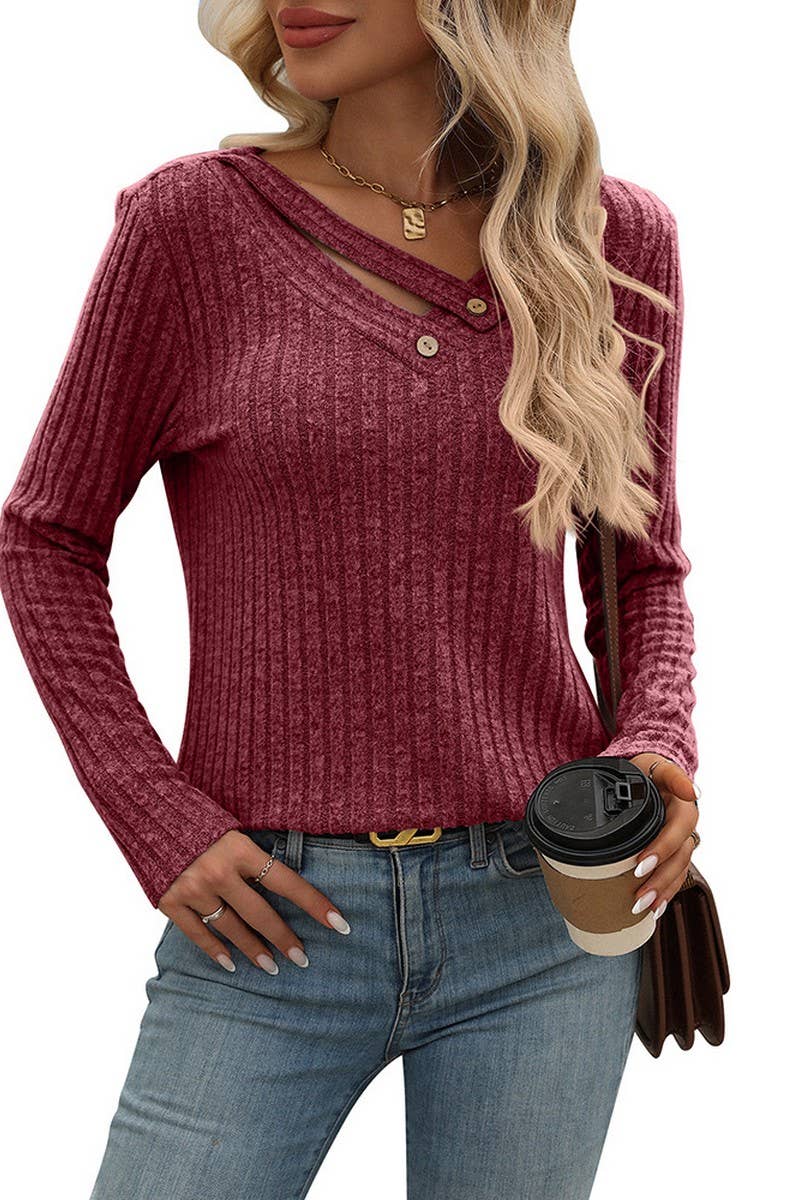 CWTBLL1487_RELAXED V NECK RIBBED BUTTON TOP