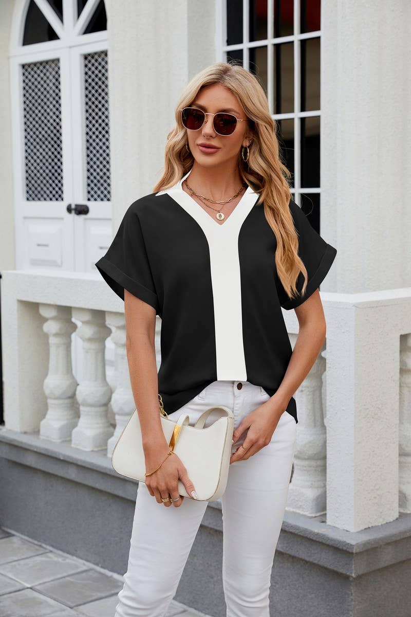 CWTBLS0440_V-Neck Short Sleeve Blouse