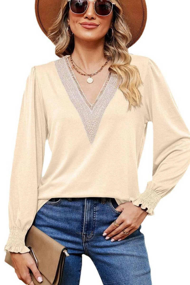 CWTBLL2395_V-NECK LACE RUFFLE SLEEVES LOOSE CASUAL TOP