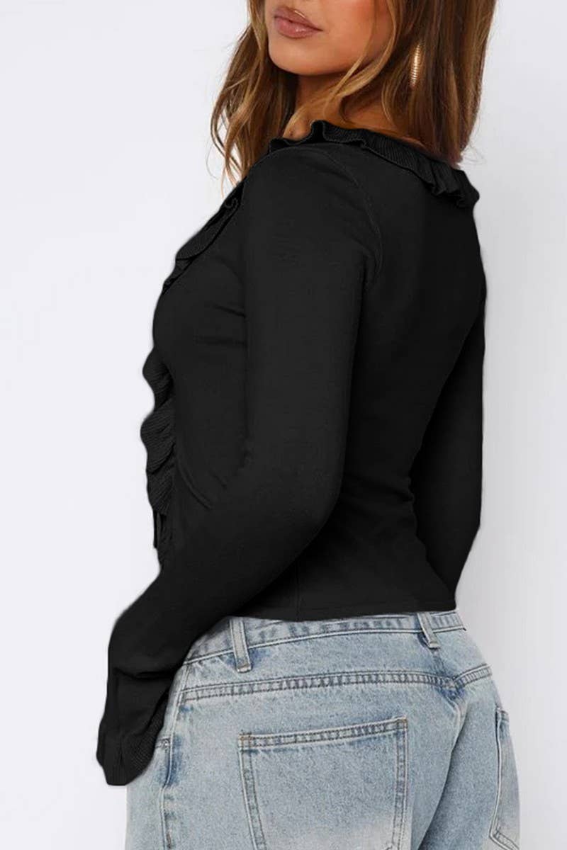 CWTBLL01043_SOLID COLOR CASUAL LAPEL LONG-SLEEVED T-SHIRT