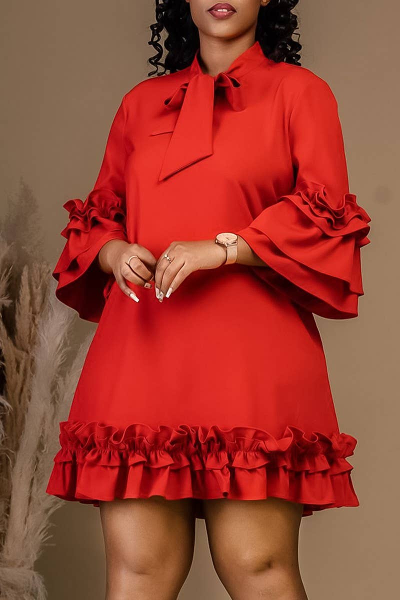 CWDSD10890_2025 PLUS SIZE WOMEN RUFFLE SLEEVE TIE WAIST DRES