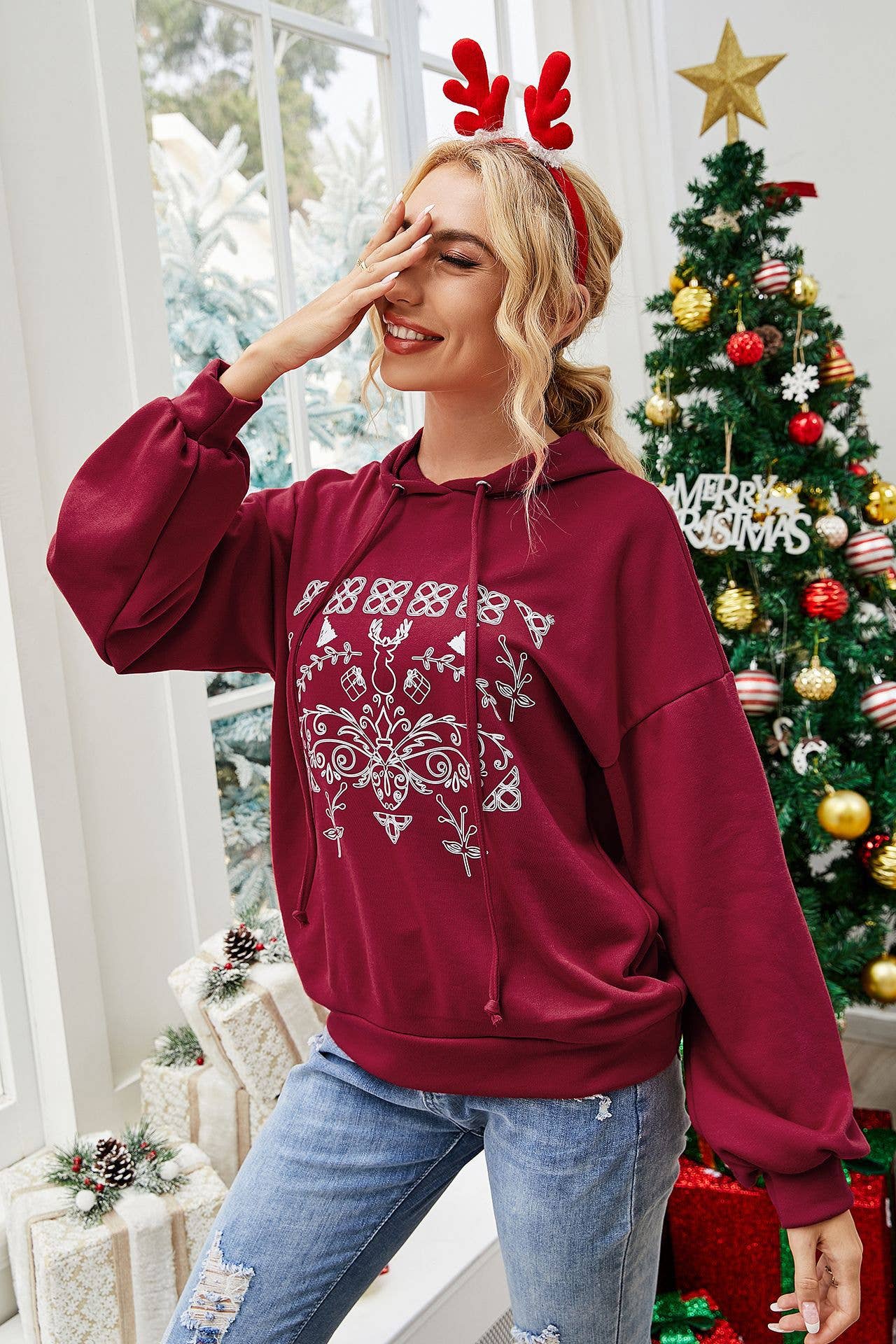 CHRISTMAS PRINT LONG-SLEEVED HOODED CASUAL HOODIE