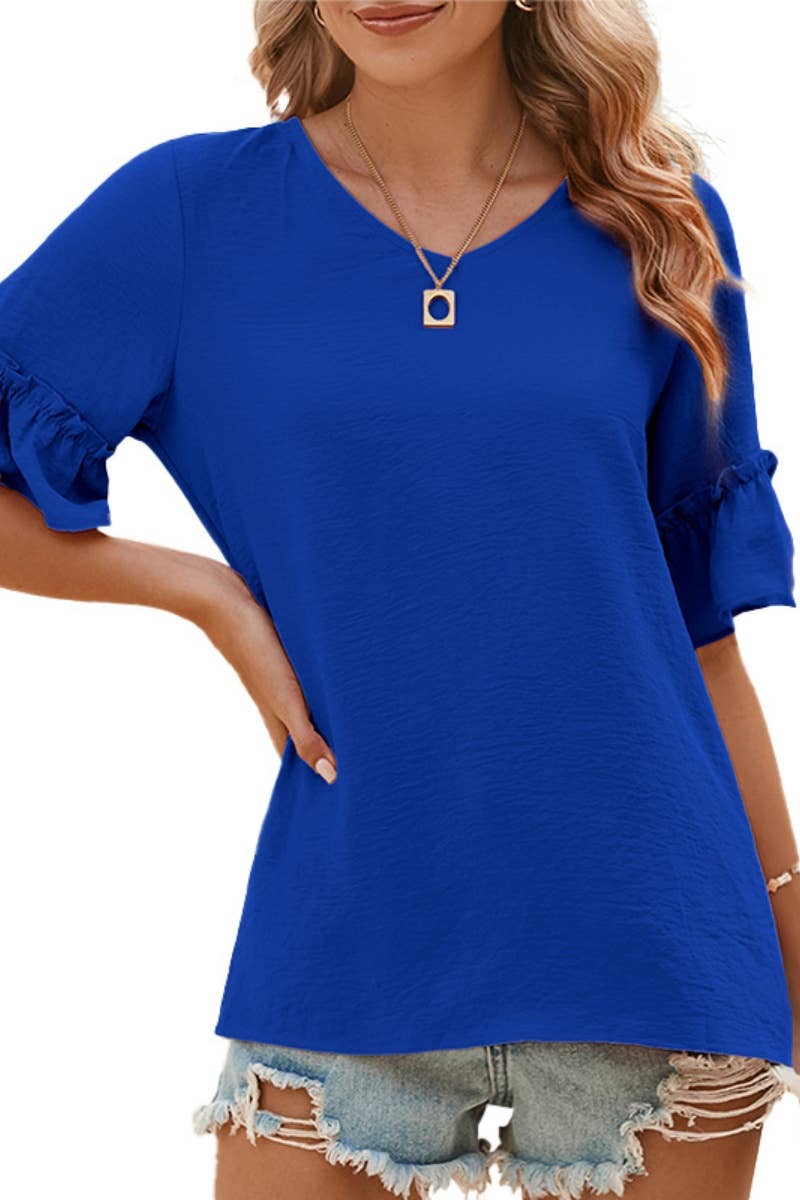 CWTBLS1391_SUMMER CASUAL V MID-SLEEVE COLLAR RUFFLED TOP