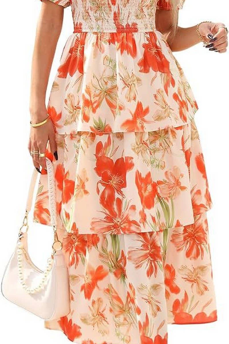 CWDMD01026_SQUARE NECK SHORT SLEEVE FLORAL CHIFFON DRESS