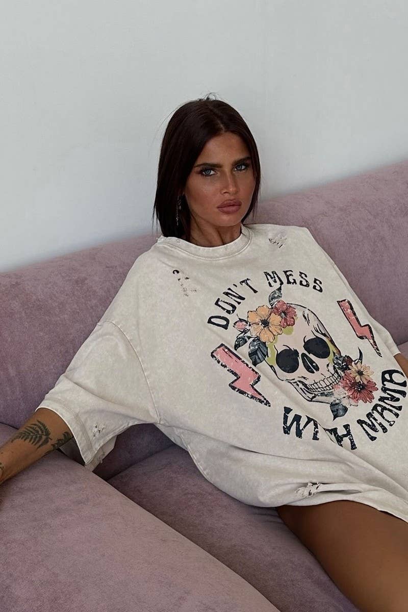 CWTTS1577_PERSONALIZED CASUAL SKULL PRINT HOLE PRINT T-SHIRT