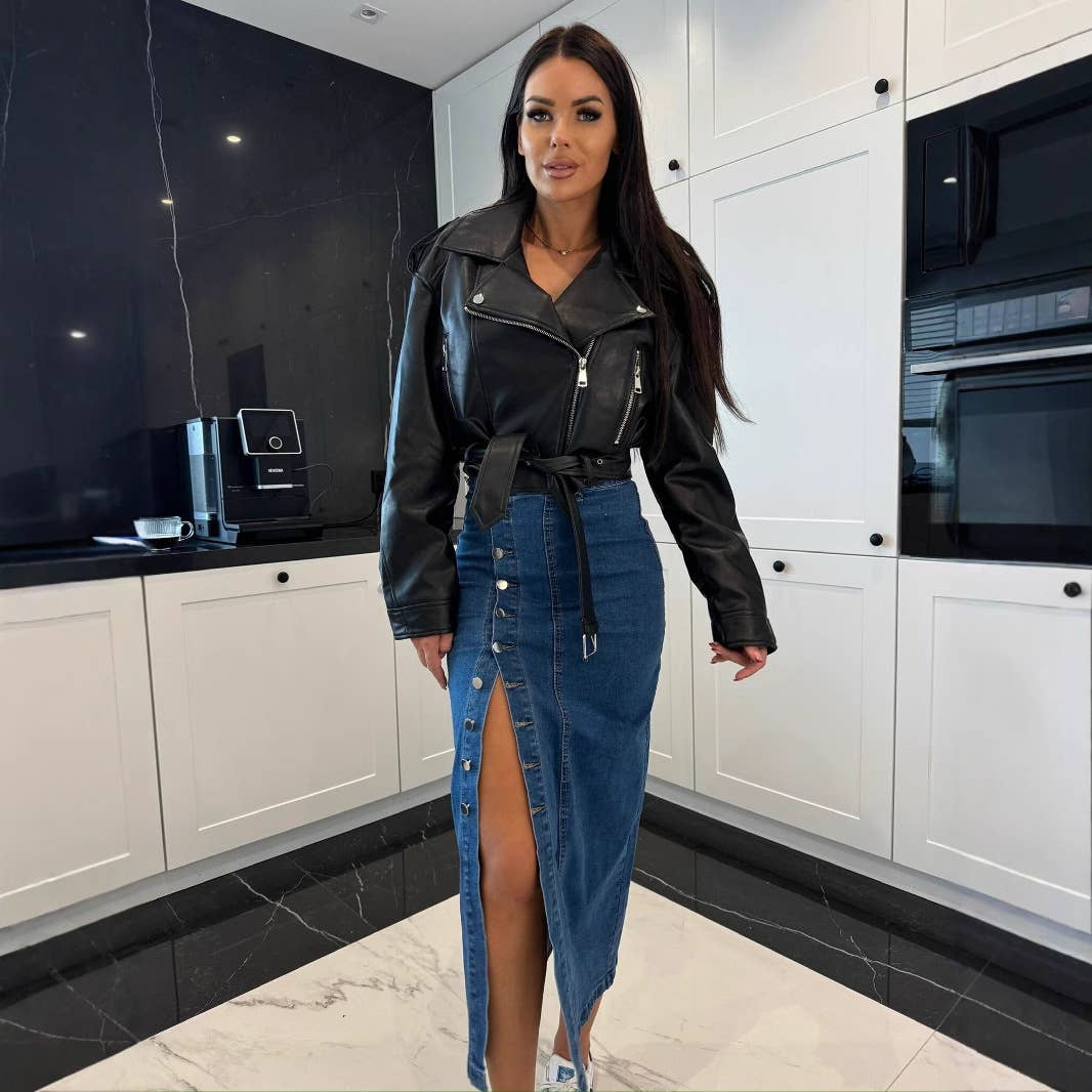 DENIM SKIRT WITH IRREGULAR SPLIT BUTTONS