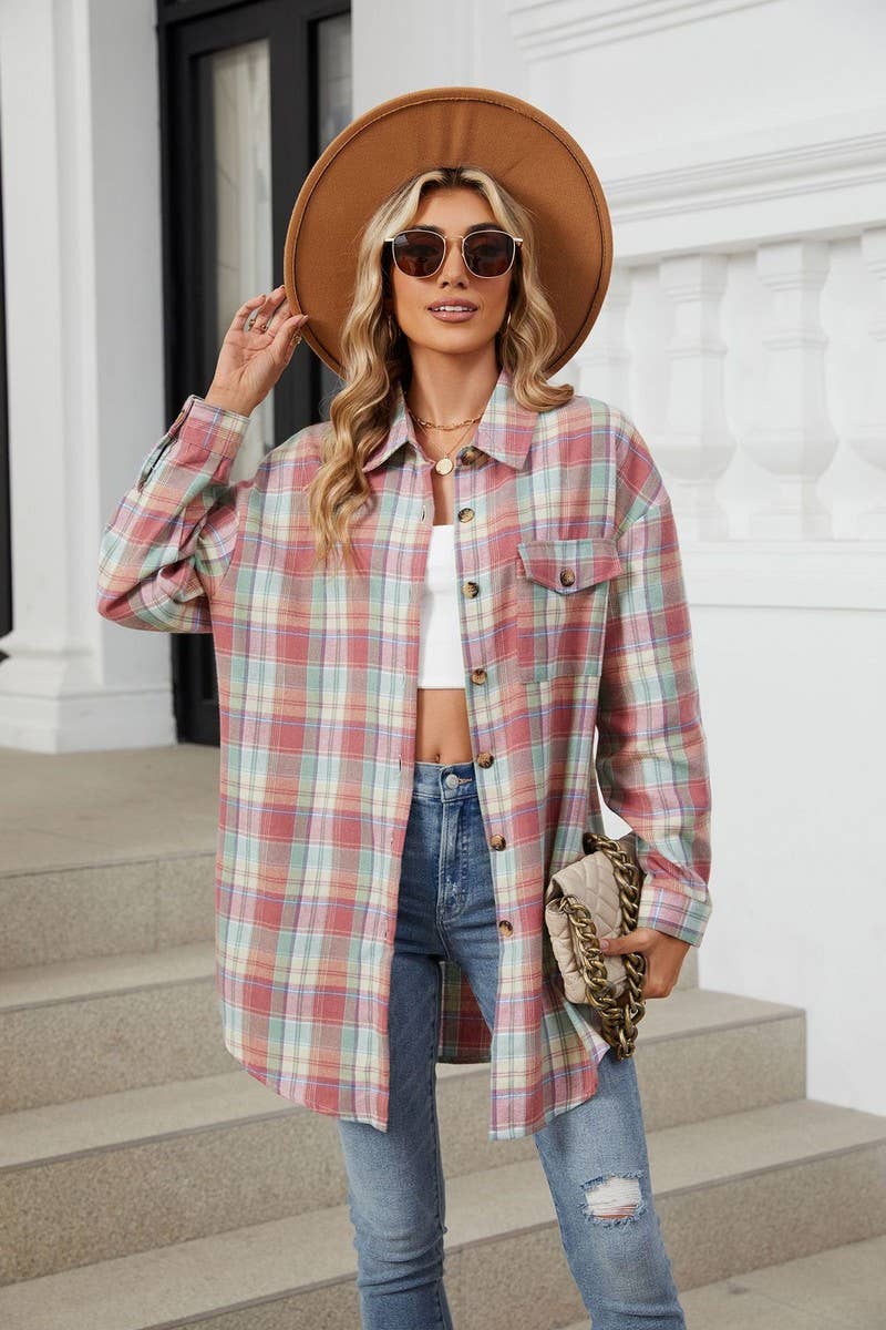 CWTBLL3745_AUTUMN AND WINTER STRIPED PLAID BUTTON-DOWN SHIRT