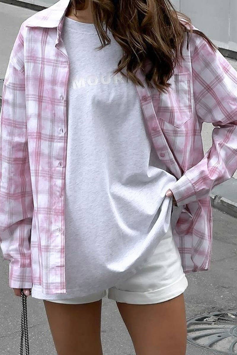 CWTBLL00596_LOOSE PINK AND WHITE PLAID LONG-SLEEVED SHIRT