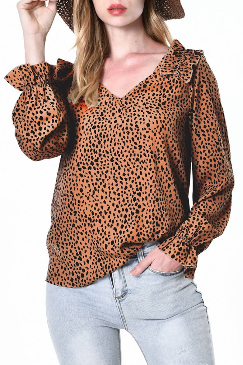 CWTBLL2485_V-NECK LEOPARD PRINT LONG-SLEEVED TOP
