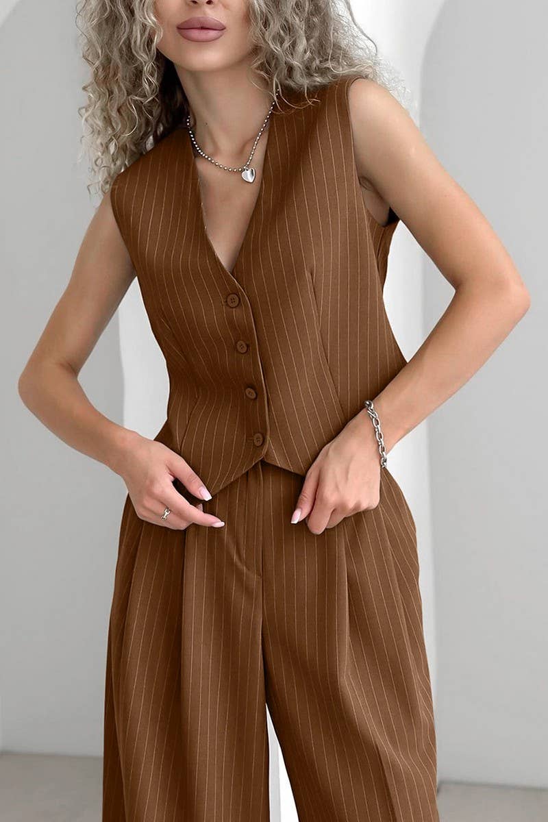 CWSJB0055_RETRO V-NECK STRIPED SUIT TWO-PIECE SUIT