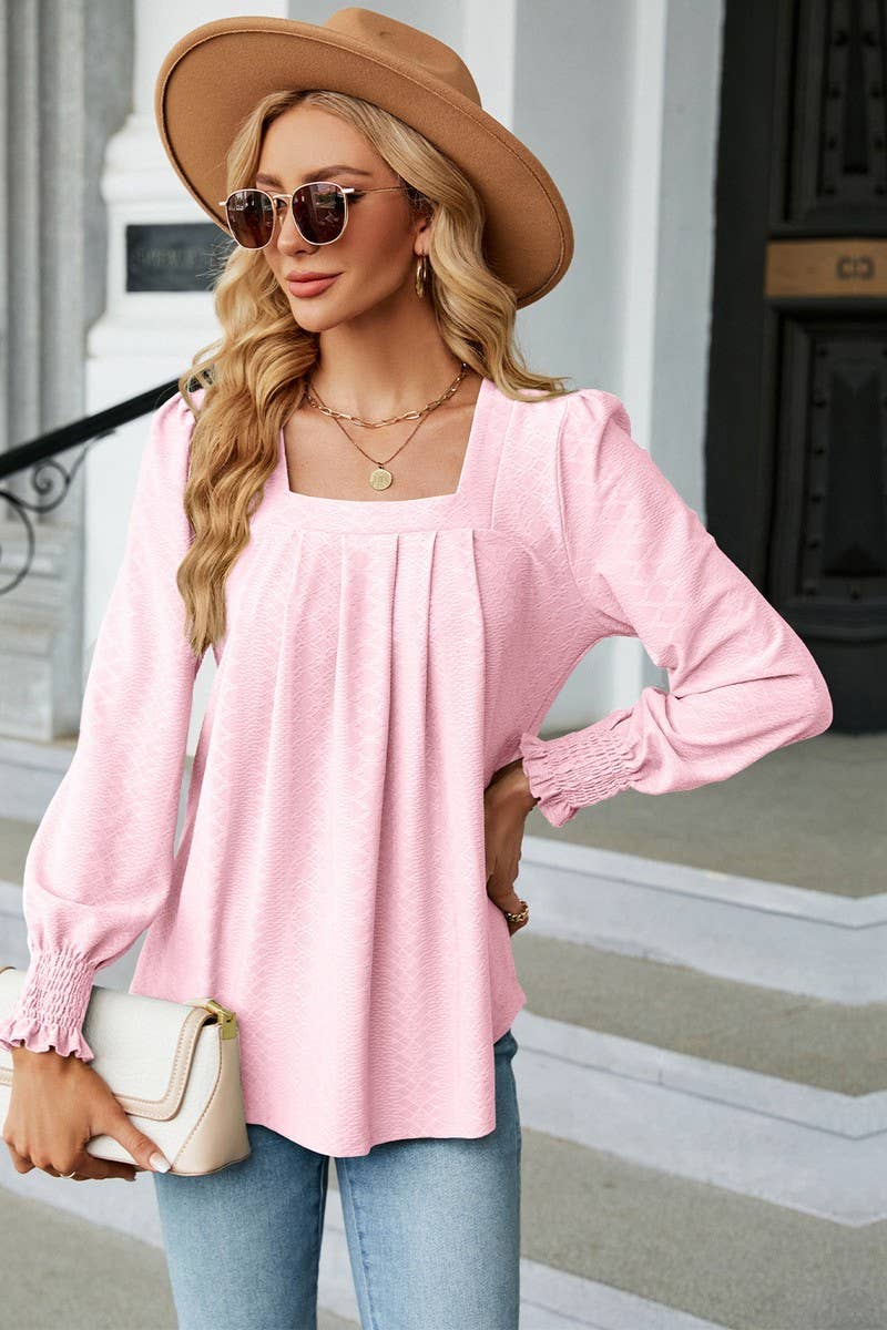 CWTBLL0194_WOMEN SQAURE NECK SHIRRED CUFF LONG SLEEVE BLOUSE