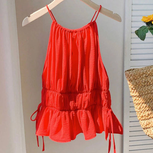 Cinched waist loose solid-color T-shirt