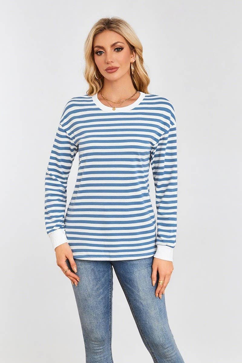 CWTBLL4109_STRIPED ROUND NECK LONG SLEEVE CASUAL TOP