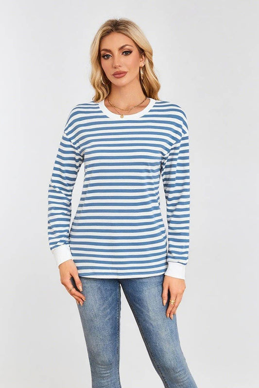CWTBLL4109_STRIPED ROUND NECK LONG SLEEVE CASUAL TOP
