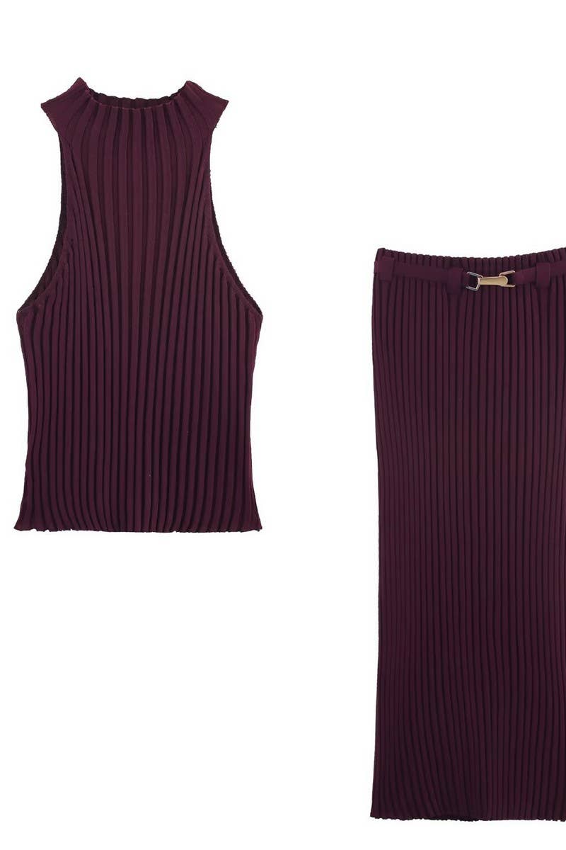CWSBSSL0148_SUMMER KNITTED HALTER COLLAR TOP + SKIRT SET