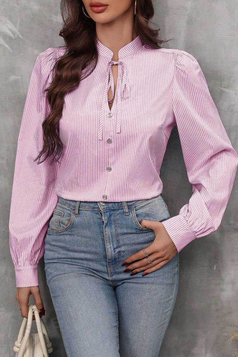 CWTSTL2886_STRIPED V-NECK TIE FRONT BUTTON LONG SLEEVE SHIRT