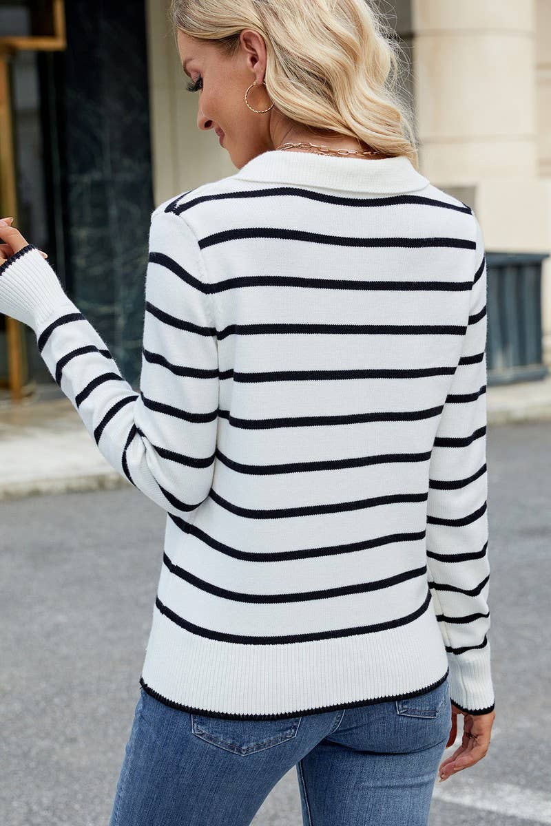 CWOSWL07719_CASUAL STRIPED LAPEL KNITTED LONG-SLEEVED TOP