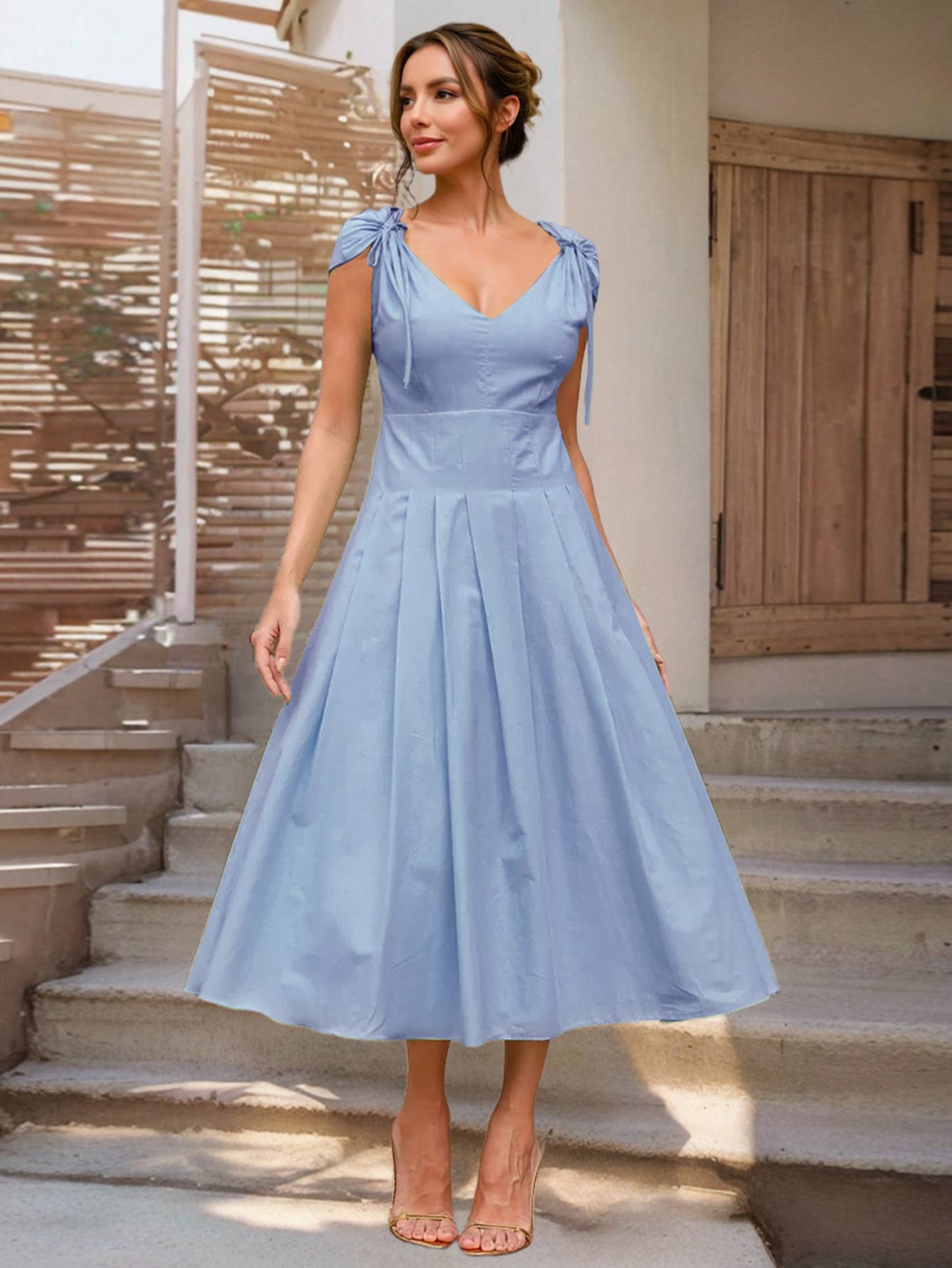 Elegant V-neck Tie Waist A-line Maxi Dress