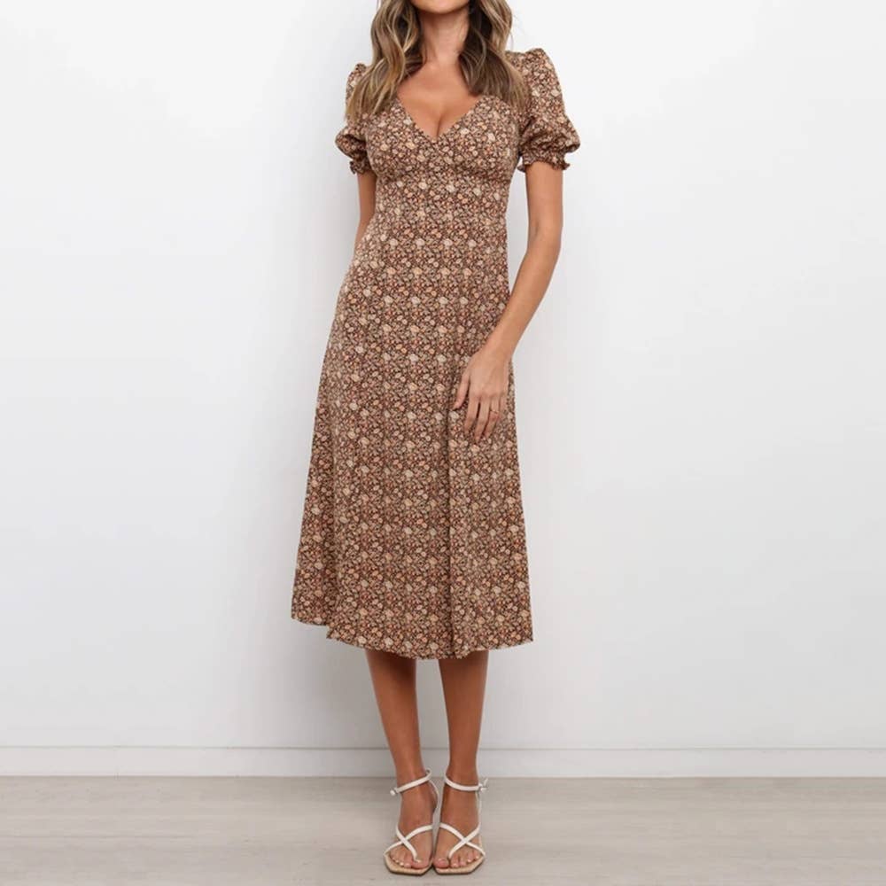 Deep V short sleeve waist slimming long dress