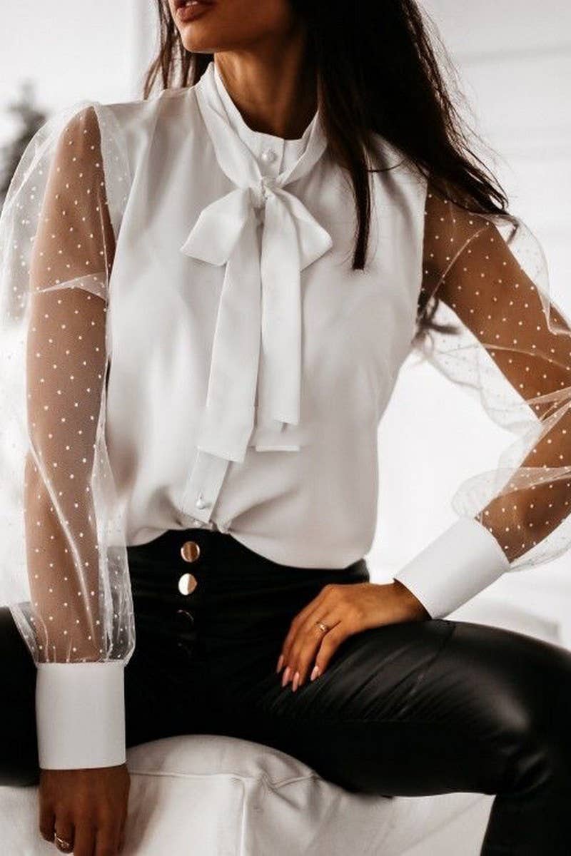 CWTBLL3014_SOLID COLOR MESH SPLICING BUTTON BOW SHIRT