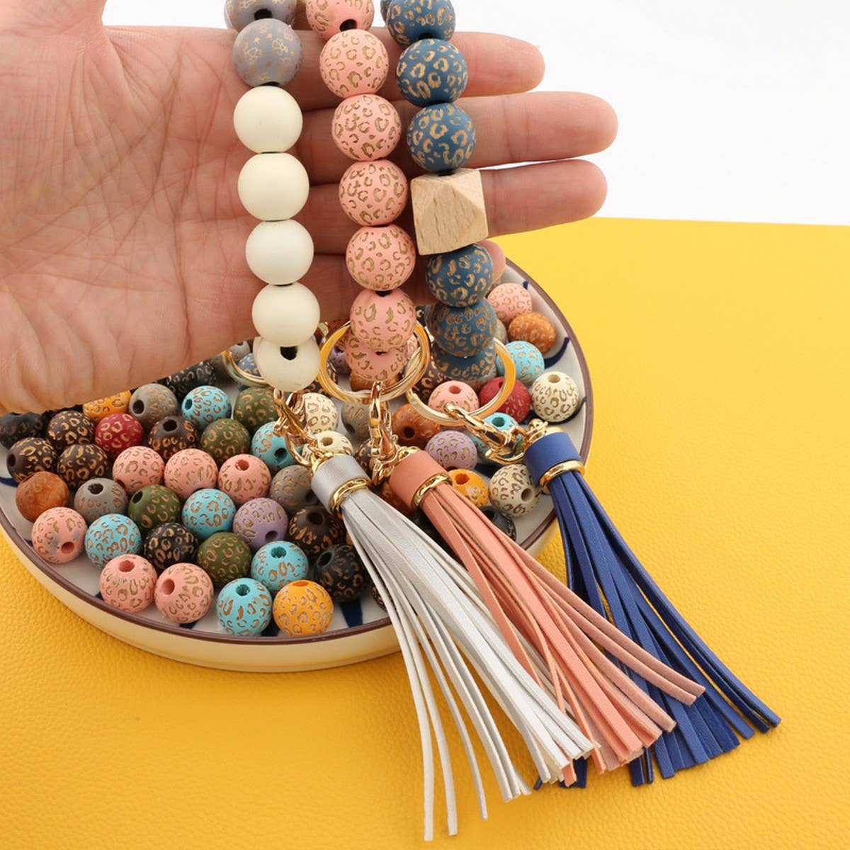 Leopard Wood Bead Bracelet Keychain with Tassel