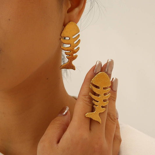 18K Stainless Steel Fishbone Earrings, Ocean Style_CWMM8892