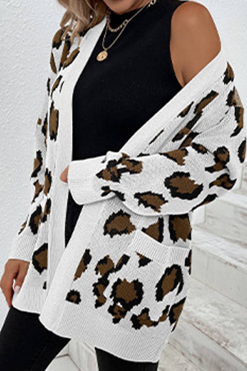 COLOR CONTRAST LEOPARD POCKET KNIT CARDIGAN
