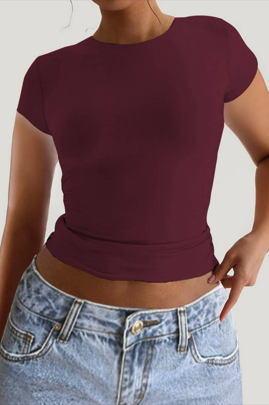 CWTBLS1584_ROUND NECK OPEN BACK SHORT SLEEVE TOP