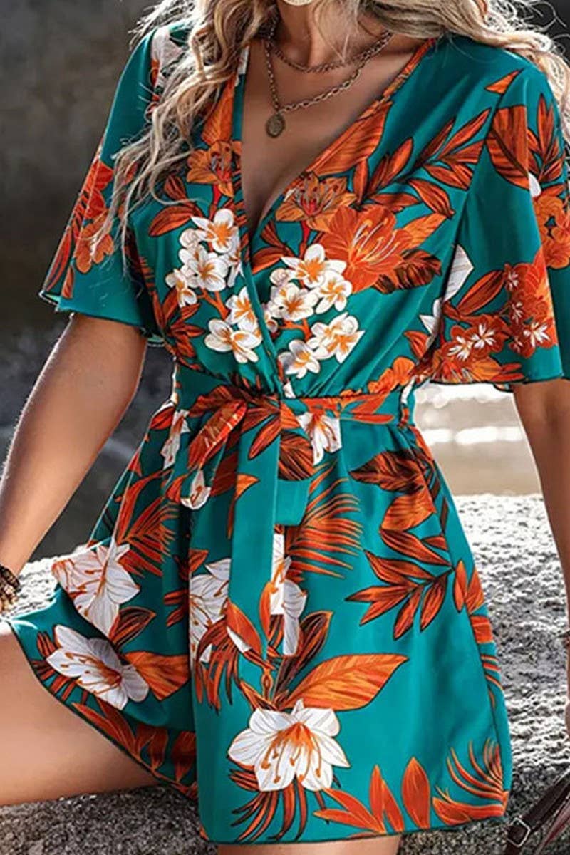 CWSJS1515_BEACH VACATION STYLE LOOSE BELT PRINTED JUMPSUIT