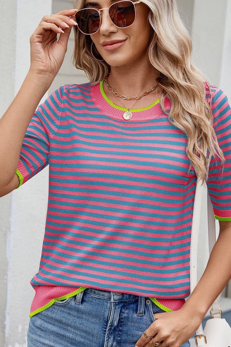 CWTBLS02495_STRIPED KNITTED ICE SILK SHORT-SLEEVED TOP