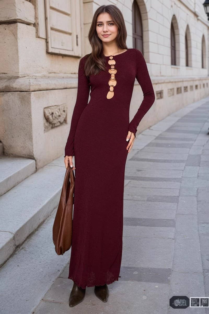 CWDMD6373_CUTOUT NECKLINE SLIM FIT LONG SLEEVE DRESS