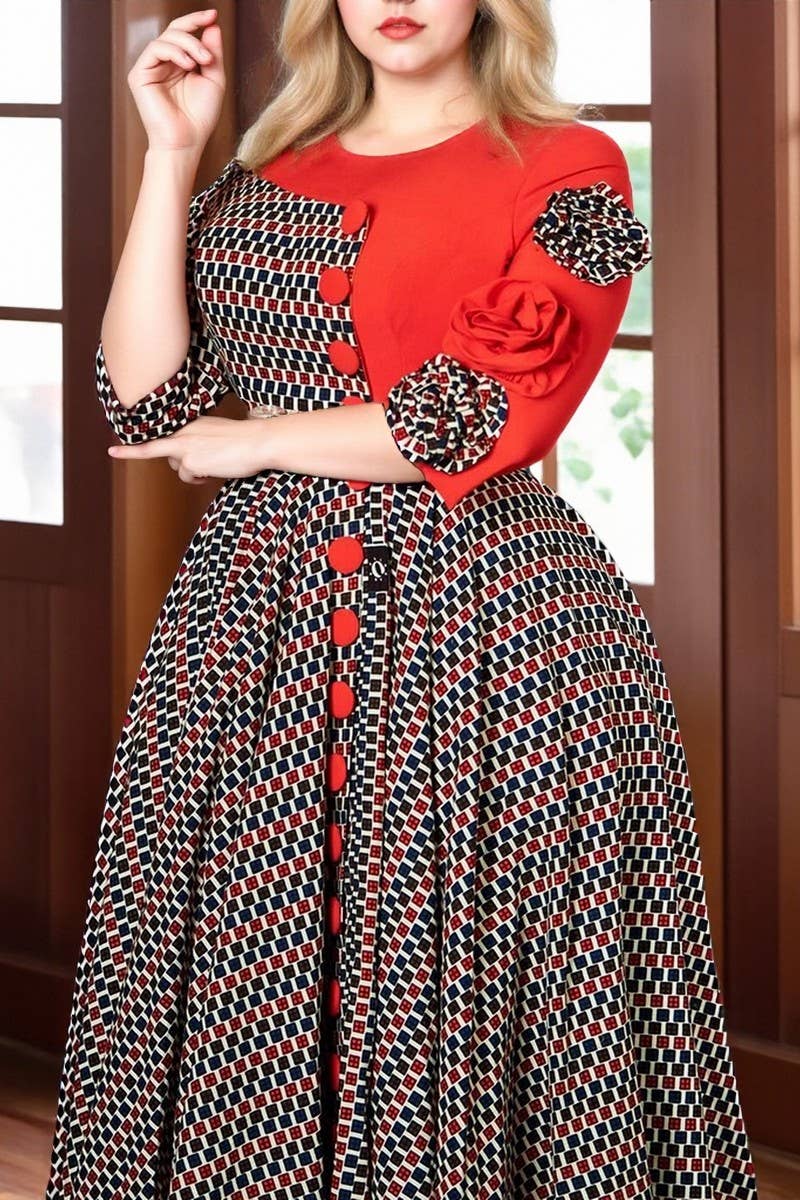 CWDMD01250_2025 WOMEN FLORAL PRINT ROUND NECK MIDI DRESS