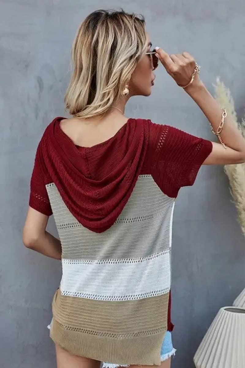 CWTTS1304_SPRING AND SUMMER STRIPED HOODED T-SHIRT