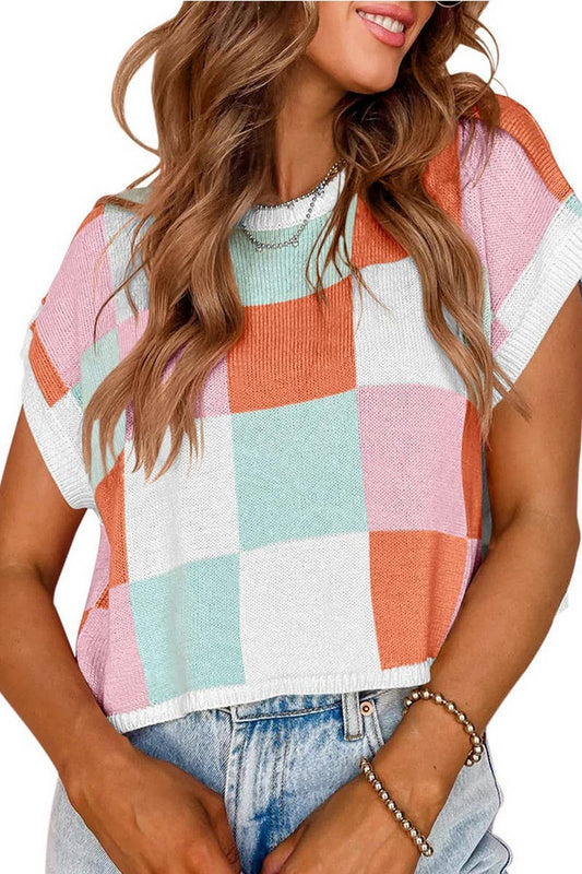 CWTTS1362_SUMMER NAVEL CHECKERBOARD SHORT SLEEVE KNIT TOP