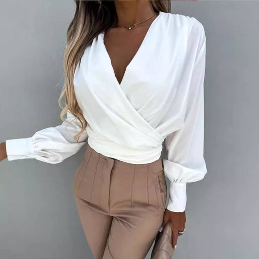 CROSSED DEEP V-NECK SOLID COLOR LONG-SLEEVED TOP