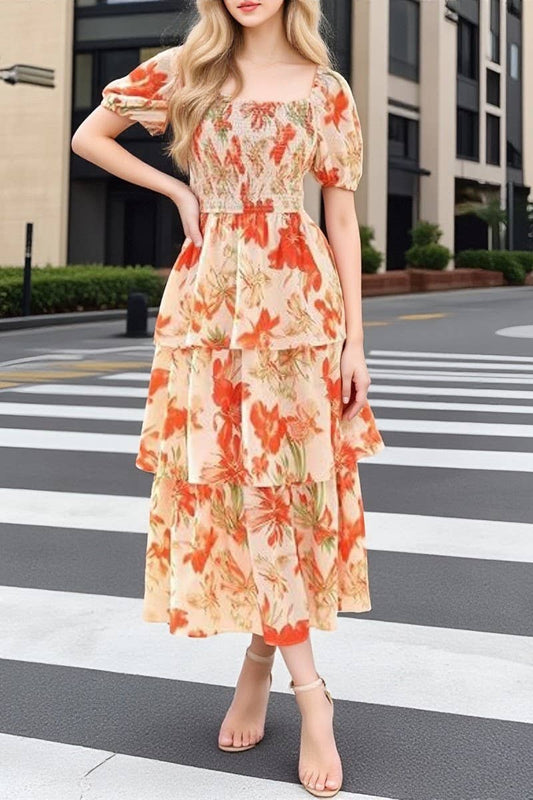 CWDMD01026_SQUARE NECK SHORT SLEEVE FLORAL CHIFFON DRESS
