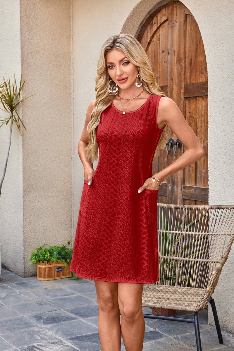 CWDSD8832_EYELET PRINT CASUAL SLEEVELESS TANK POCKET DRESS