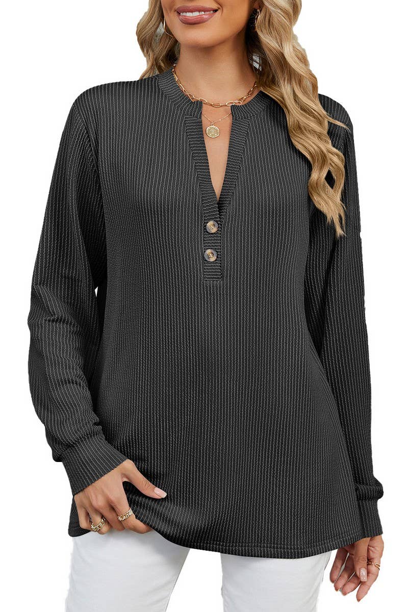 CWTBLL2362_LONG SLEEVE BUTTON V NECK STRIPED T-SHIRT TOP