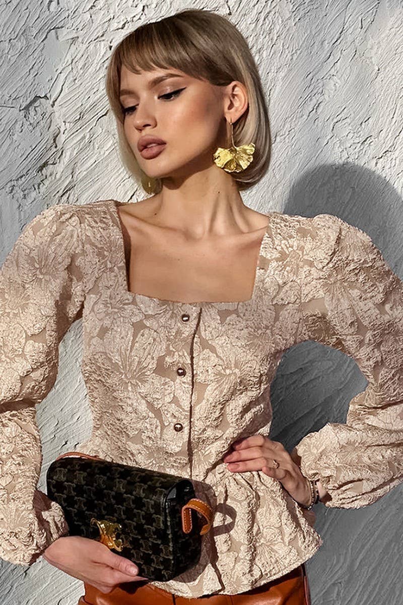 CWTBLL558_SQUARE NECK JACQUARD PUFF SLEEVE SHIRT