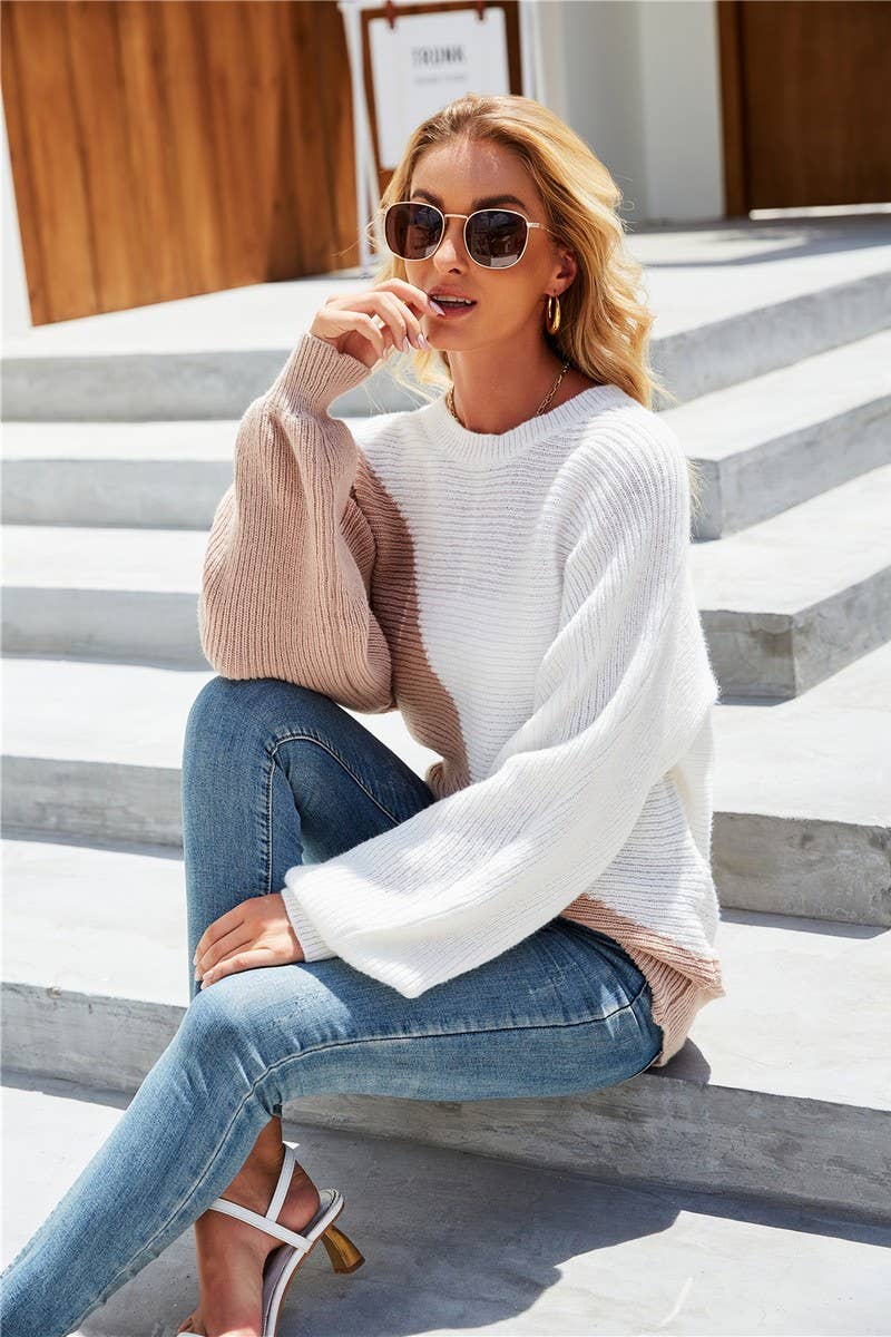 CWOSWL3173_CONTRAST COLOR STITCHING BATWING SWEATER