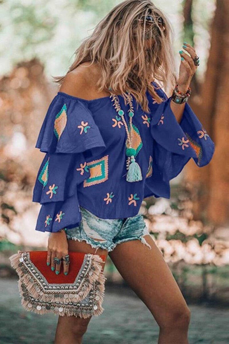 Boho print one-shoulder long-sleeved pullover top