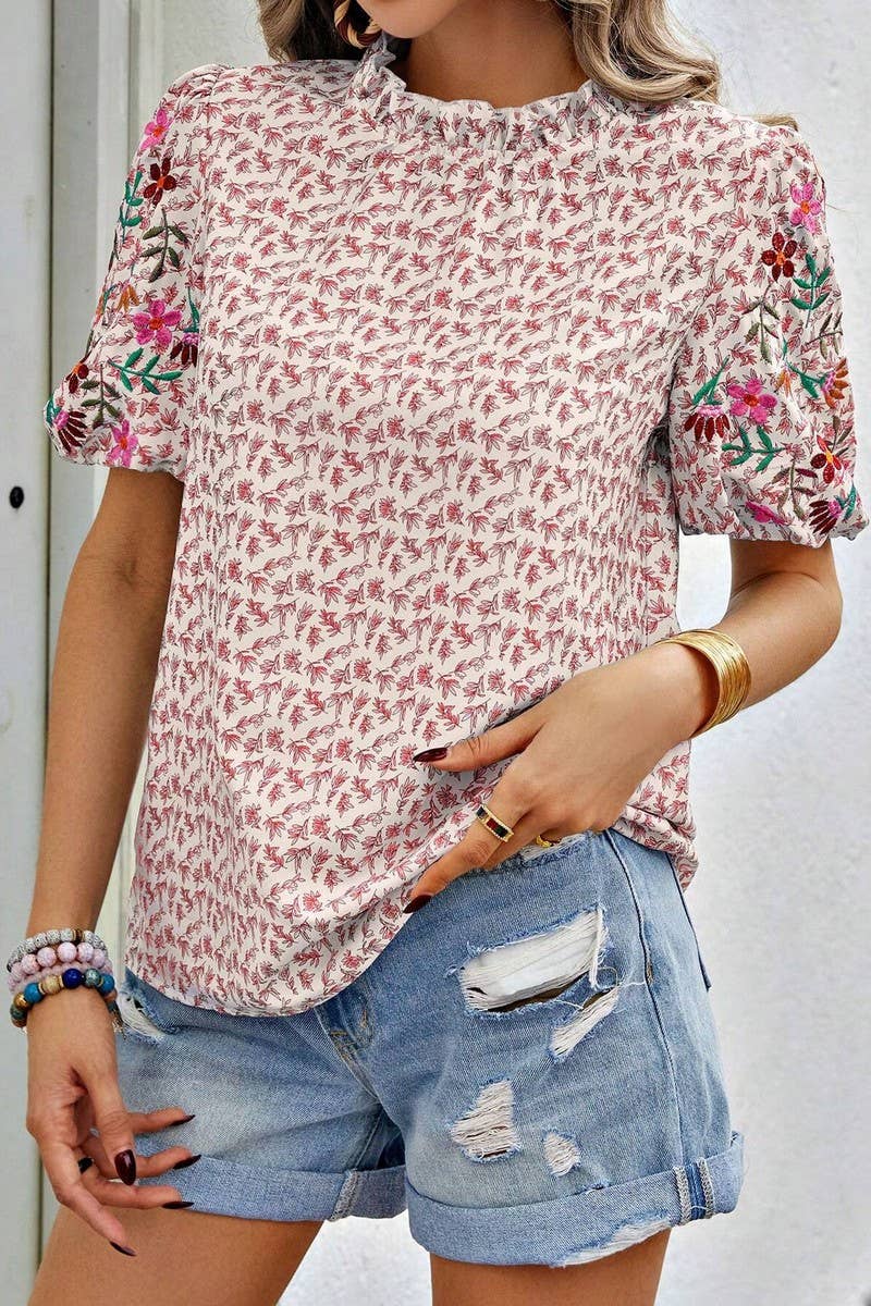 CWTTS1377_NEW SUMMER EMBROIDERY PRINT COLOR BLOCK TOP