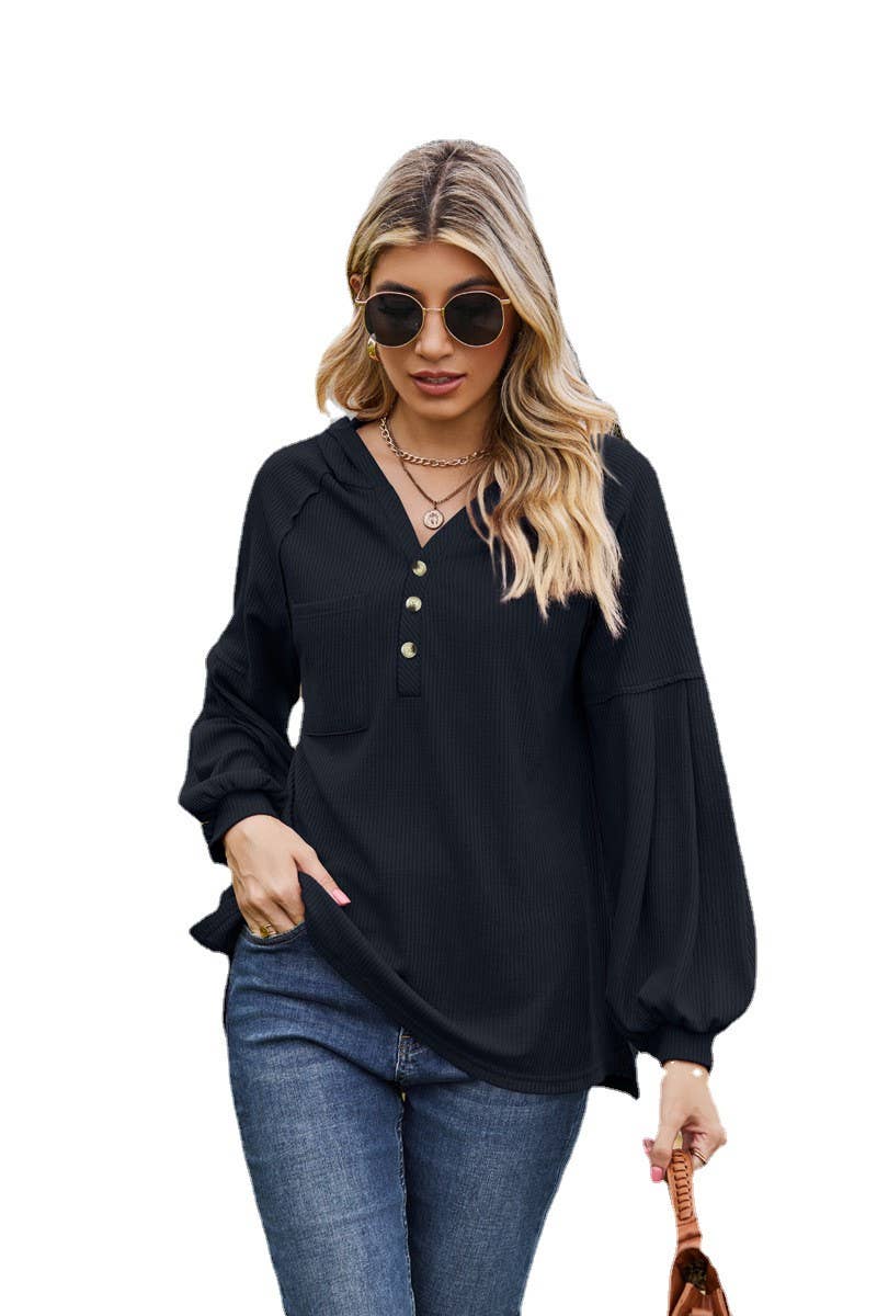 CWOHOL1095_NEW HOODED BUTTON LOOSE LONG-SLEEVED SWEATSHIRT