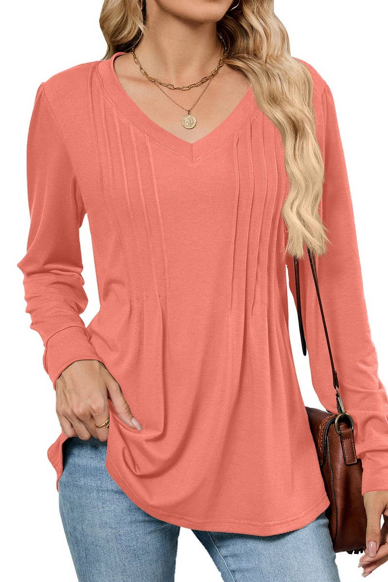 CWTBLL01306_V NECK RIBBED SOLID LONG SLEEVE CASUAL TEE