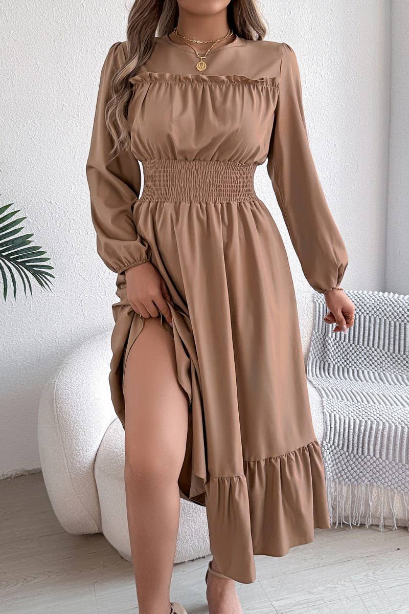 CWDMD6024_SOLID ELEGANT RUFFLE WAIST PLEATED MAXI DRESS