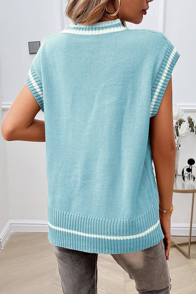 CWOV0454_V-NECK CONTRAST VEST KNITTED SWEATER