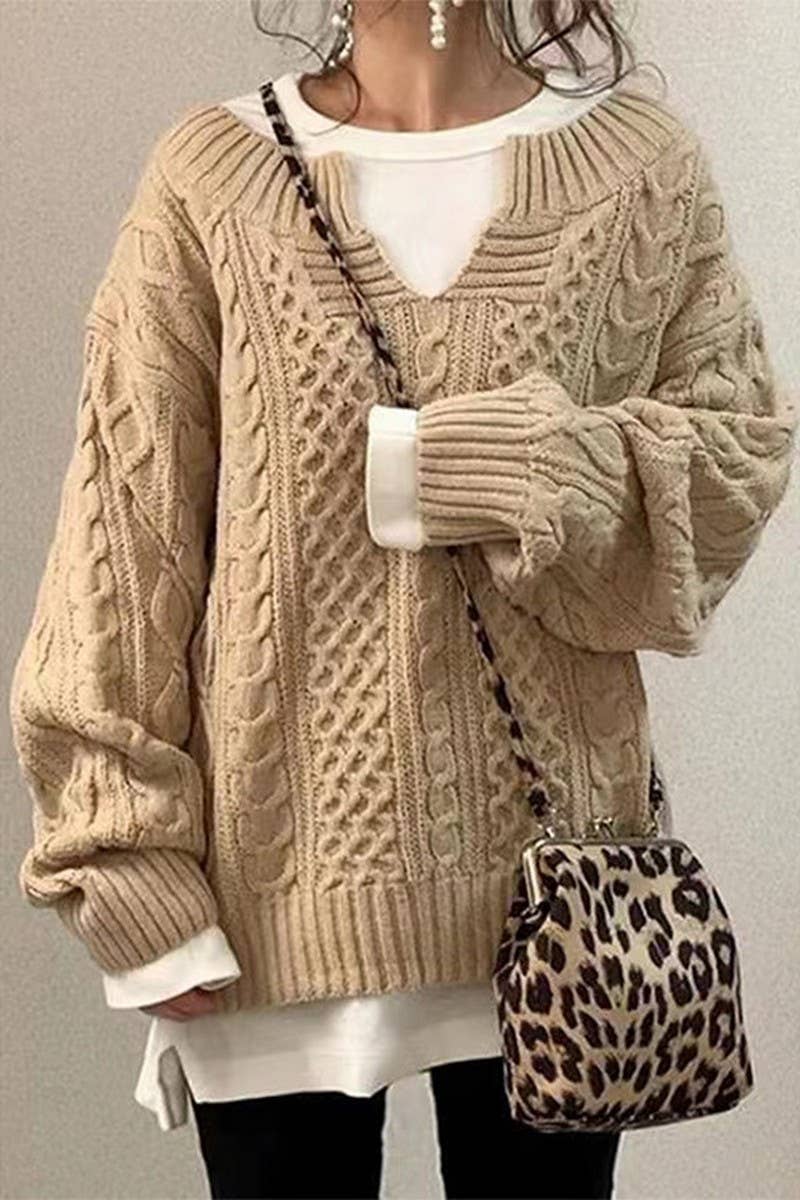 CWOSWL07652_SOLID COLOR LOOSE LONG-SLEEVED CABLE SWEATER