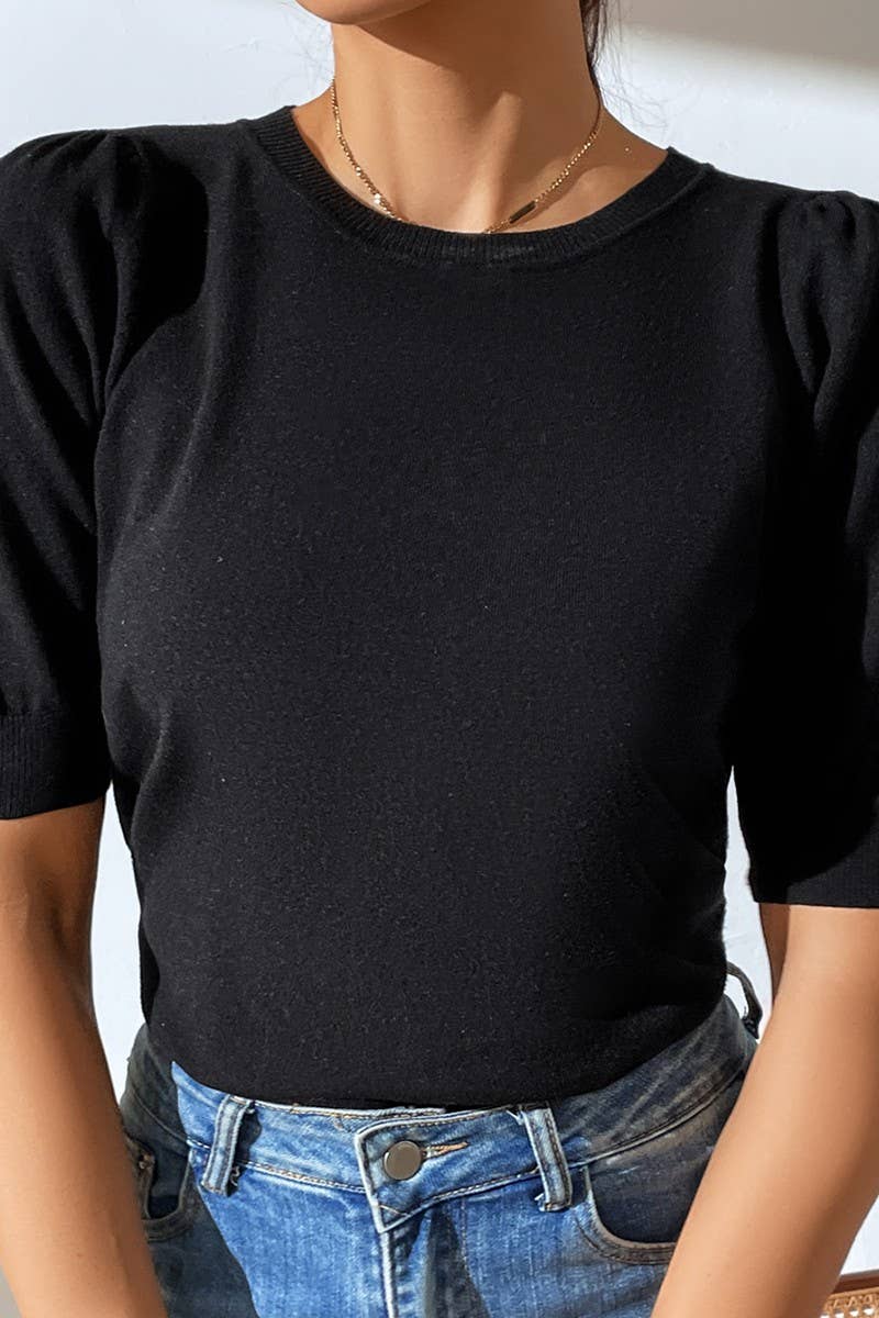 CWTTS0731_Crew Neck Puff Short Slv Soft Pullover Sweater