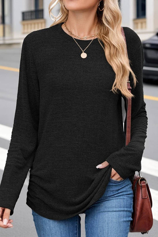 CWTBLL01304_COLORBLOCK RUCHED LONG SLEEVE CASUAL T SHIRT